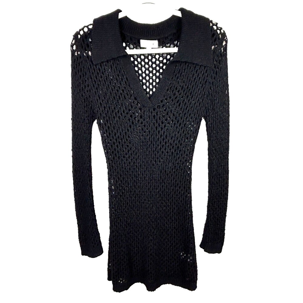 Mable Knit Fishnet Stretch Mini Dress Black Long Sleeve Collared Swim Coverup M